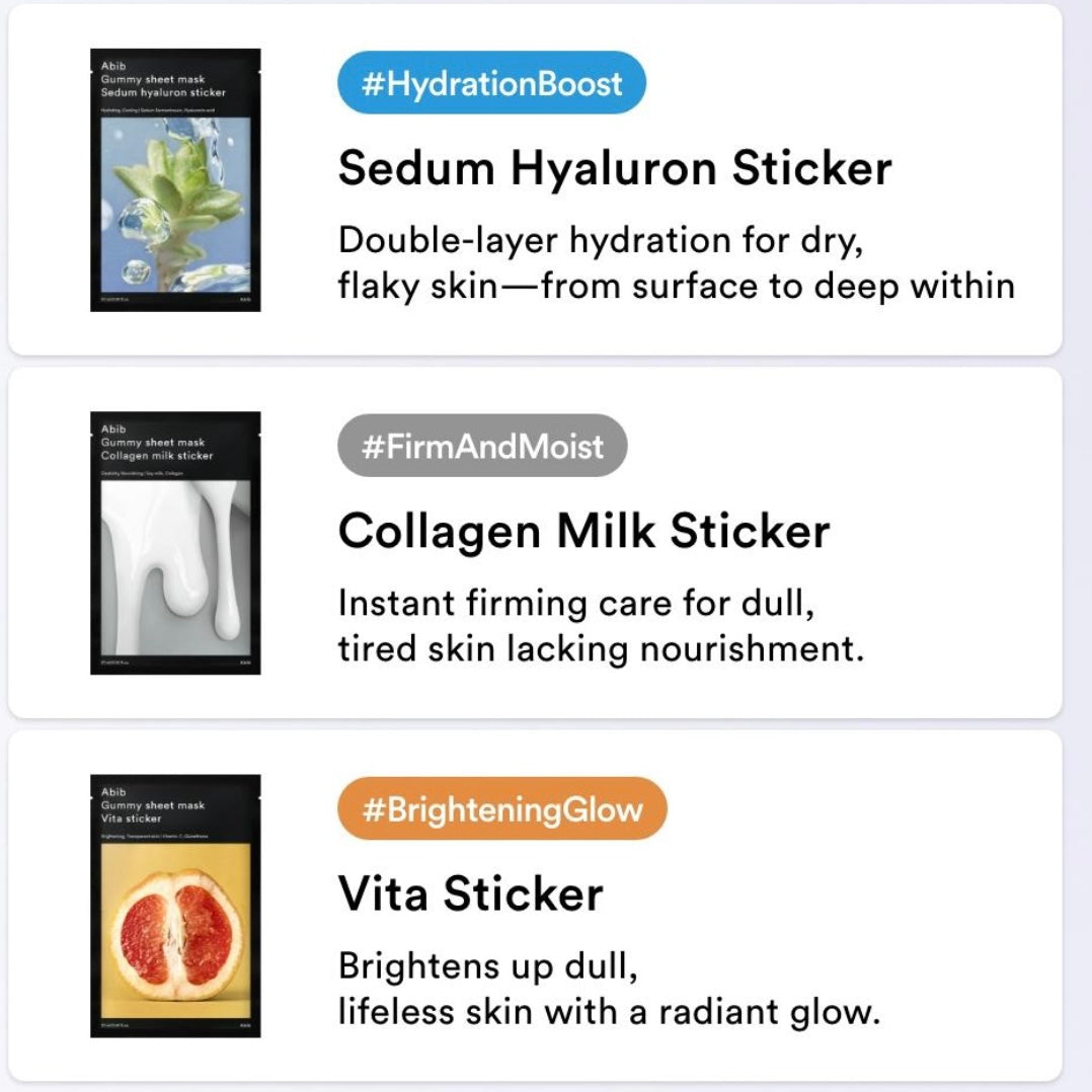 Abib - Abib Gummy Sheet Mask Sticker pack – Heartleaf / Sedum Hyaluron / Madecassoside / Collagen Milk / Vita