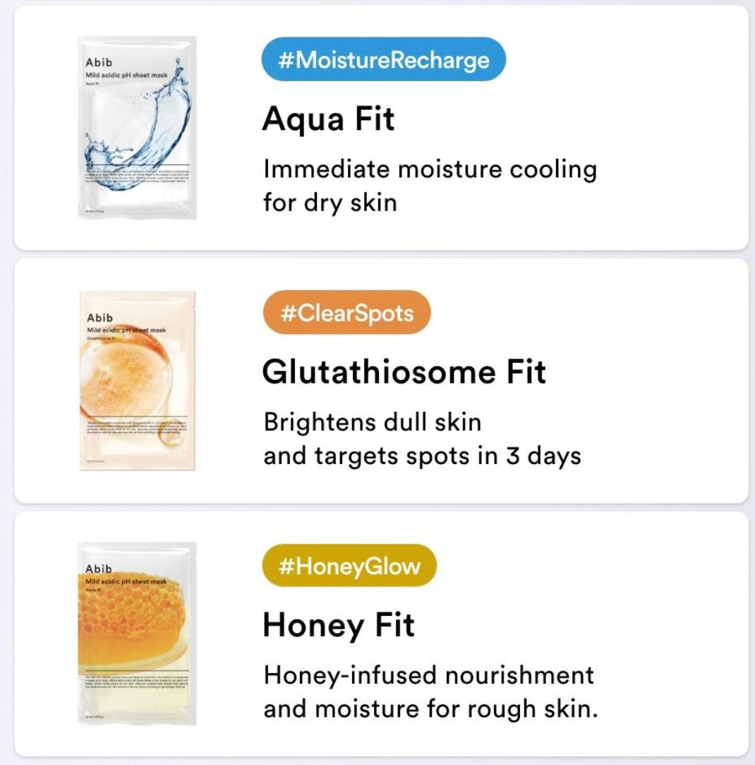 abib - Mild acidic pH sheet mask (Heartleaf / Jericho Rose / Aqua / Glutathione / Honey)
