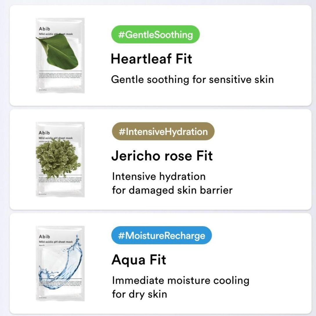 abib - Mild acidic pH sheet mask (Heartleaf / Jericho Rose / Aqua / Glutathione / Honey)